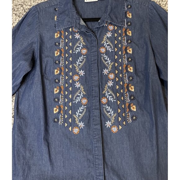 Joan Rivers Medium Blue Denim Embroidered Button Top Floral Boho Cottage Fairy - Picture 3 of 8